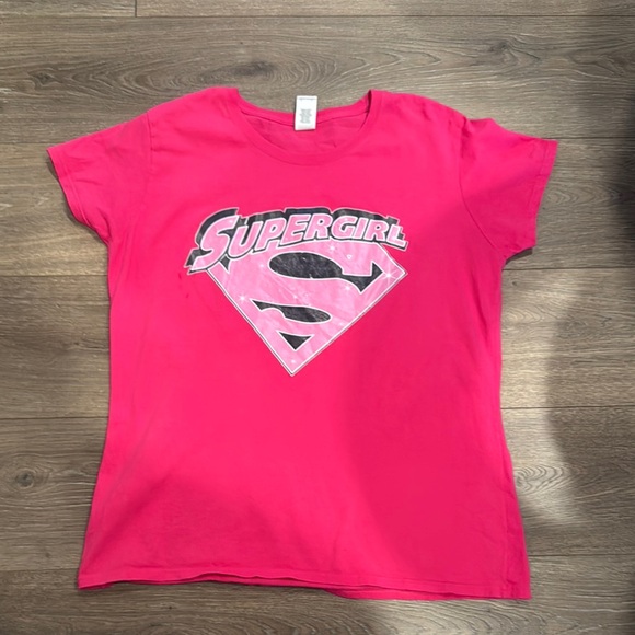 Bright Pink Short Sleeve Tee with Simulated  Glitter Supergirl Logo - Picture 1 of 1